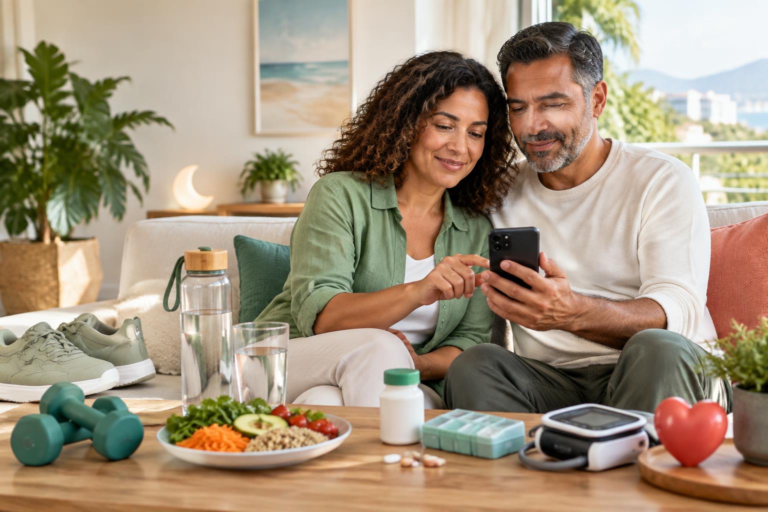 Casal entre 40 e 50 anos observando dados de saúde no celular, com água, medicamentos, suplementos, alimentação, pressão e itens de exercício